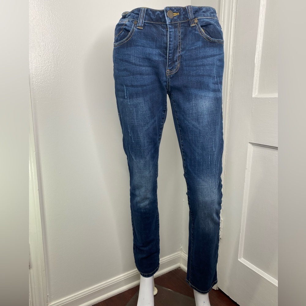CABI High Straight Slim Fit Blue Jeans with Slightly Distressed Faded Wash